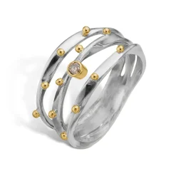 By Birdie - Lotus Trio sølv ring med 14kt guld og diamant - 50110388a