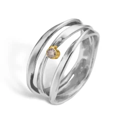 byBirdie - Lotus trio plain ring i sølv med guld fatning og diamant - 50110388b