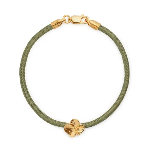Flora Danica - Firkløver oliven grøn silkearmbånd i forgyldt sølv - flc-silk-olive-18-g