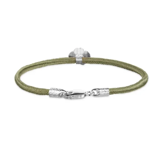 Flora Danica - Firkløver oliven grøn silkearmbånd i sølv - flc-silk-olive-18-s