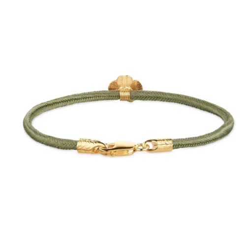Flora Danica - Firkløver oliven grøn silkearmbånd i forgyldt sølv - flc-silk-olive-18-g