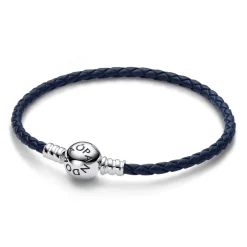 Pandora - Mørke blåt læder armbånd med klassisk kugle lås - 592790c01