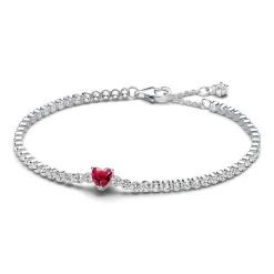 Pandora - Sølv tennis armbånd med rød hjerte formet sten - 590041c02