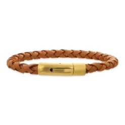 Scrouples - Brunt flettet læder armbånd med forgyldt lås  - 03761a