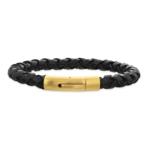 Scrouples - Sort flettet læder armbånd med forgyldt lås  - 03751a